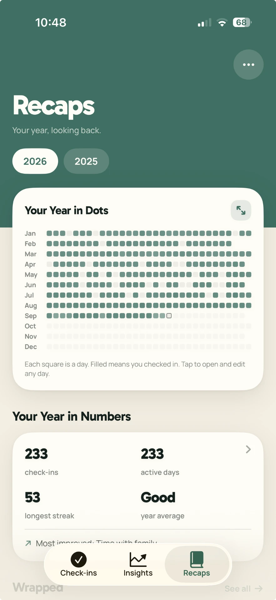 Oyzeera Recaps screen showing Your Year in Dots and year in numbers